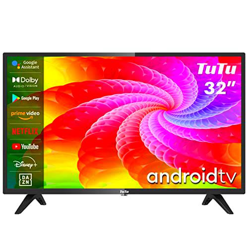 TuTu TUS32HD1A 32 Pulgadas Televisor Android TV HD Ready Smart TV Dolby Audio Chromecast Funciona con Triple Sintonizador Youtube Netflix Prime Video DAZN Google Assistant WiFi Bluetooth Negro