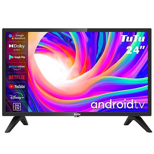 TuTu TUS24HF1A 24 Pulgadas Televisor Android TV HD Ready Smart TV Dolby Audio Chromecast Funciona con Triple Sintonizador Youtube Netflix Prime Vdeo DAZN Google Assistant WiFi Bluetooth Negro