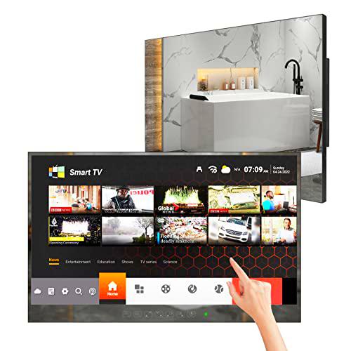 Soulaca TV de baño de 27 Pulgadas Pantalla táctil Completa Espejo Inteligente IP66 Impermeable Android 11.0 Full HD con Wi-Fi y Bluetooth