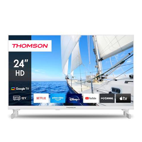 THOMSON 24 Pulgadas (60cm) Google TV HD Blanco Adaptador 12V Control de Voz Smart TV